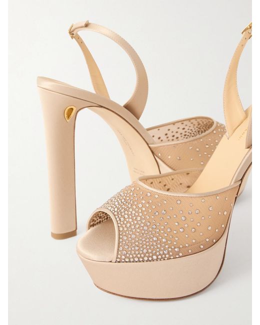 JENNIFER CHAMANDI Natural Antonio 130 Satin-Trimmed Crystal-Embellished Mesh Platform Sandals
