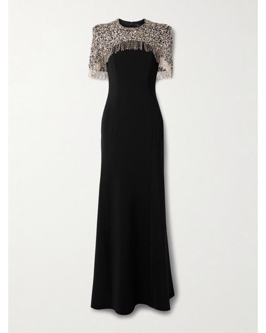 Jenny Packham Black Rana Cape-Effect Fringed Embellished Crepe Gown
