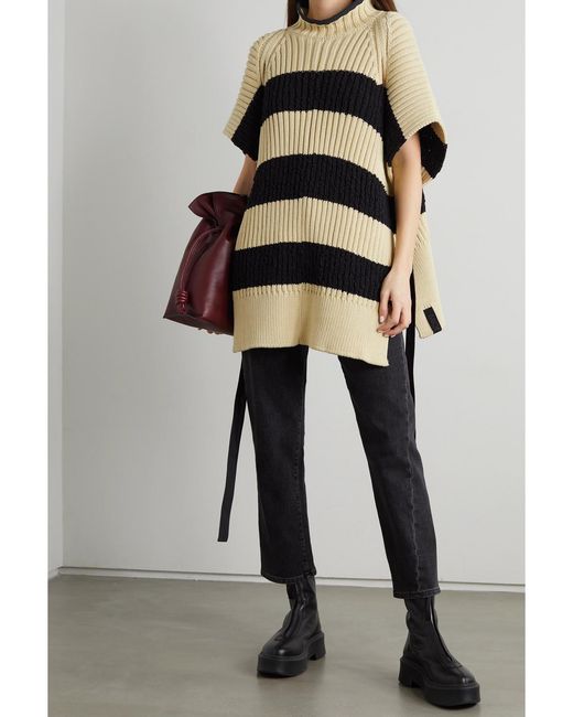 Moncler Genius White Belted Striped Ribbed Cotton-blend Poncho