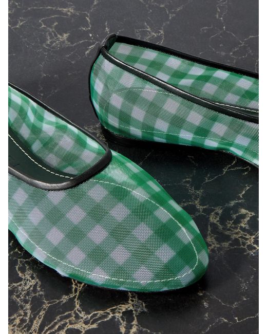 Staud Green Alba Leather-Trimmed Gingham Mesh Ballet Flats