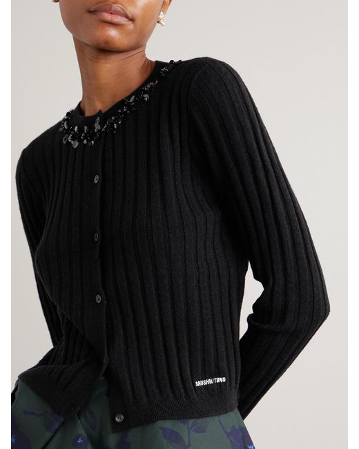 ShuShu/Tong Black Embellished Embroidered Ribbed Wool-Blend Cardigan