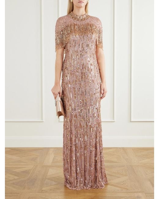 Jenny Packham Pink Leia Cape-Detailed Sequin-Embellished Gown
