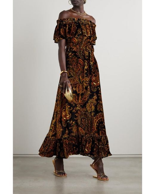 Etro Brown Off-The-Shoulder Belted Paisley-Print Velvet Maxi Dress