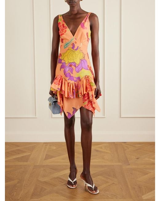 Donde Esteban Orange Guava Flores Ruffled Printed Cotton-Voile Mini Dress