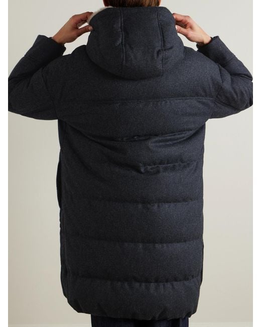 Brunello Cucinelli Black Hooded Faux Fur-Trimmed Quilted Wool Down Coat