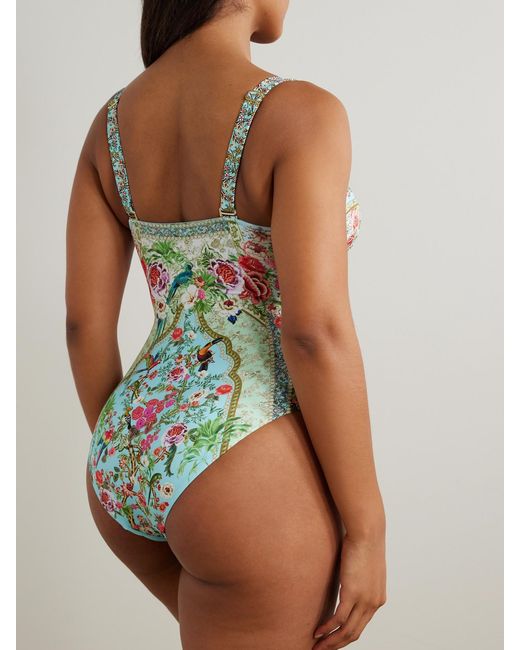 Camilla Blue Lace-Up Crystal-Embellished Printed Recycled Swimsuit