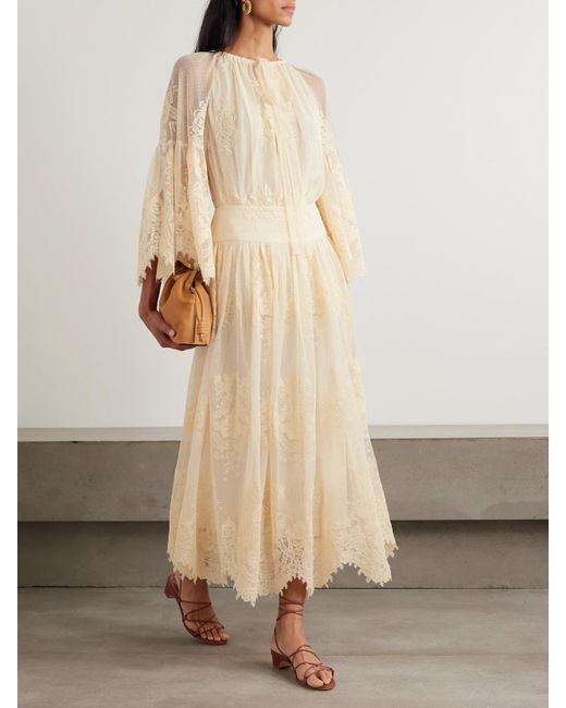 Zimmermann Natural Hypnotic Gathered Flocked Lace Maxi Skirt