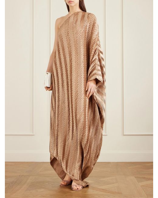 ‎Dima Ayad Natural One-Shoulder Plissé-Satin Gown