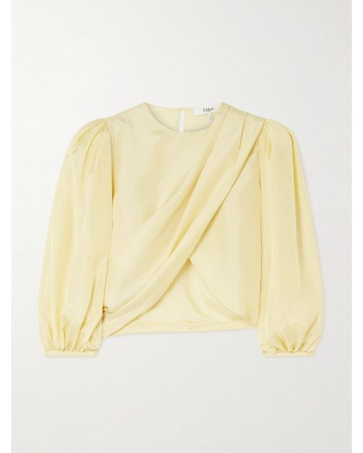 Chloé Metallic Draped Wrap-Effect Cropped Silk-Satin Blouse