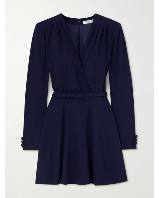 Alessandra Rich Blue Belted Wool-Blend Crepe Mini Dress