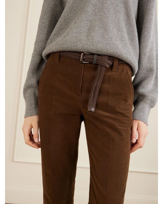Brunello Cucinelli Brown Cropped Cotton-Blend Flared Pants