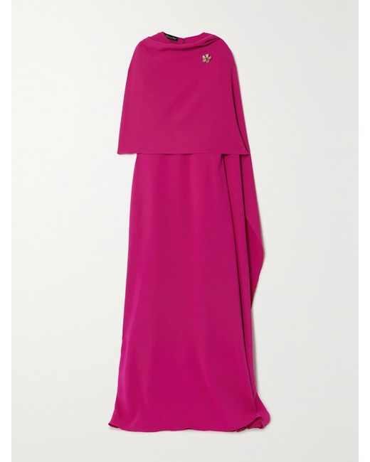 Oscar de la Renta Pink Cape-Effect Embellished Silk-Blend Gown