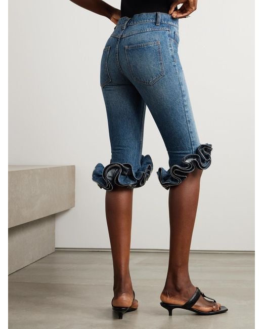 Coperni Blue Verkürzte, Hoch Sitzende Jeans Mit Schmalem Bein, Rüschen Und Reißverschlüssen