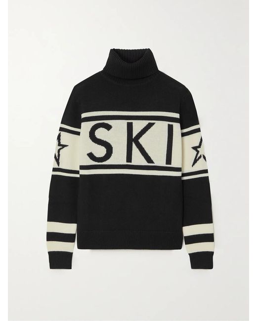 Perfect Moment Black Schild Intarsia Merino Wool Turtleneck Sweater