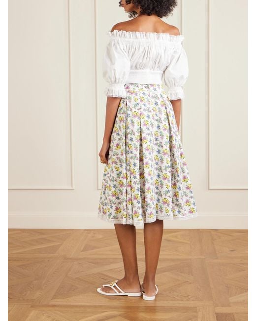 Dolce & Gabbana White Pleated Floral-Print Cotton-Poplin Midi Skirt