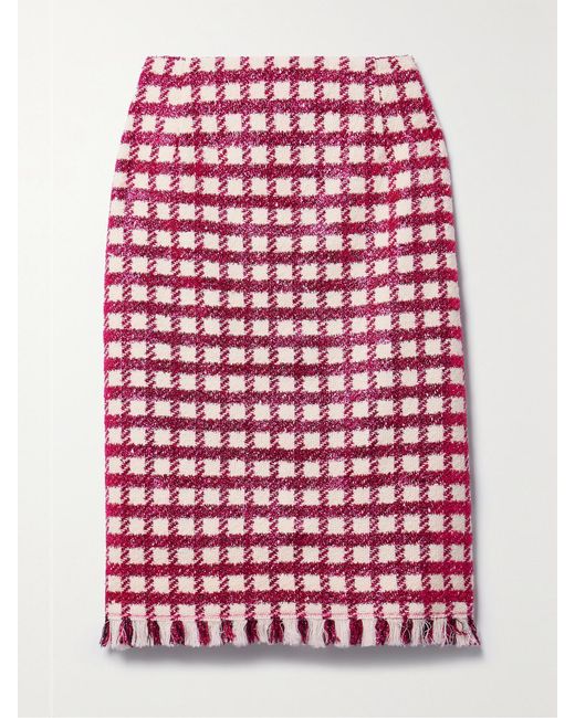 Oscar de la Renta Red Frayed Checked Metallic Wool-Blend Tweed Skirt