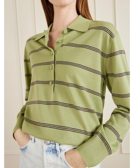 Dries Van Noten Green Striped Merino Wool Polo Shirt