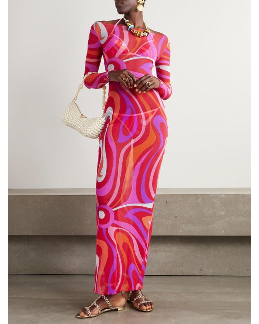 Emilio Pucci Pink Marmo Printed Mesh Maxi Dress