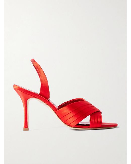 Manolo Blahnik Red Vierasan 90 Pintucked Satin Slingback Sandals