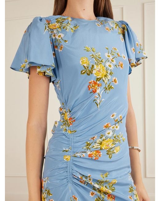 Veronica Beard Blue Huntleigh Gathered Floral-Print Silk-Blend Satin Midi Dress