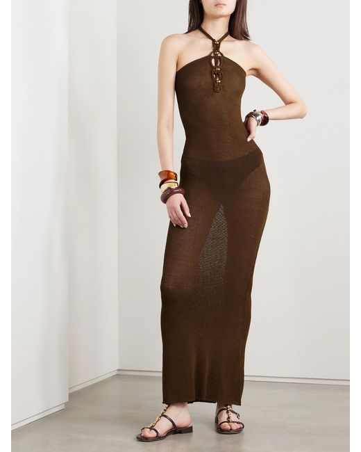 Isabel Marant Natural Eileen Embellished Knitted Halterneck Maxi Dress