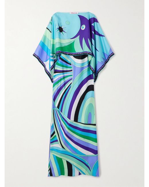 Emilio Pucci Blue Layered Printed Silk-Twill Maxi Dress