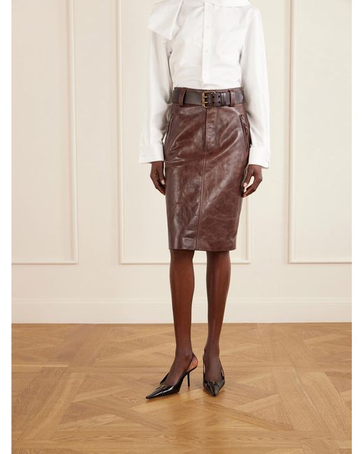 Saint Laurent Brown Belted Leather Pencil Skirt