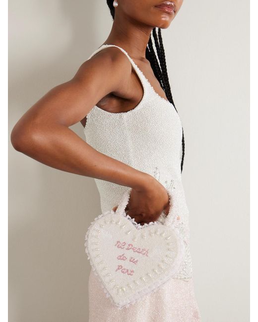Clio Peppiatt White Til Death Do Us Part Lace-Trimmed Beaded Twill Tote