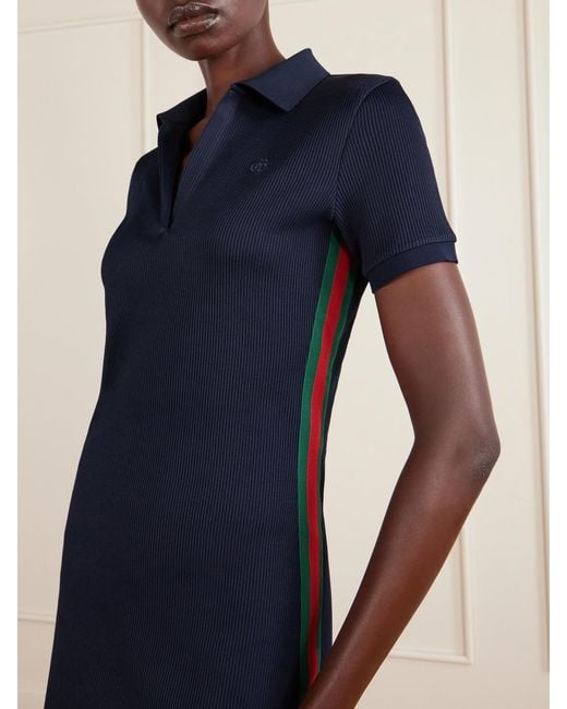 Gucci Blue Double G-Embossed Webbing-Trimmed Ribbed Jersey Mini Dress