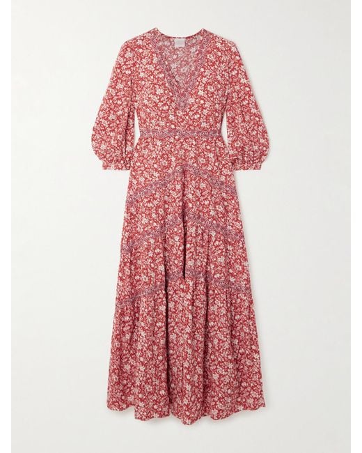 Loretta Caponi Pienza Tiered Lace-Trimmed Floral-Print Lyocell Midi Dress