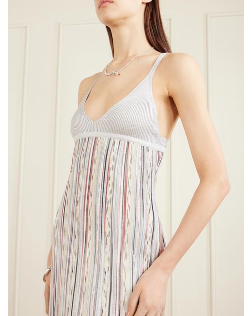 Missoni White Pleated Striped Metallic Ribbed-Knit Maxi Dress