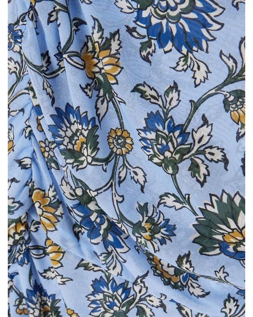Veronica Beard Blue Sylviani Ruched Floral-Print Stretch-Tulle Midi Dress