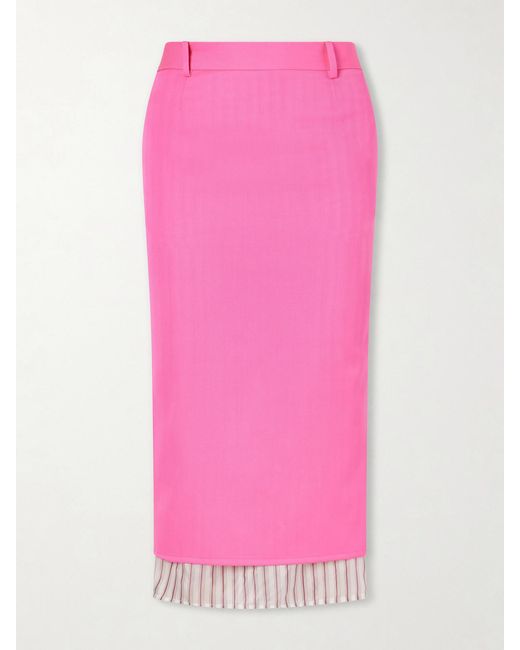 The Attico Pink Layered Striped Wool-Twill Midi Skirt