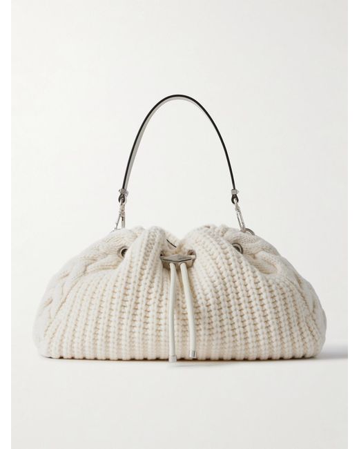 Jimmy Choo Natural Cinch Medium Leather-Trimmed Cable-Knit Wool Shoulder Bag