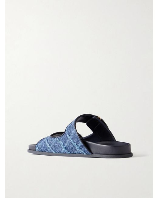 Jimmy Choo Blue Fayence Embellished Frayed Denim Sandals