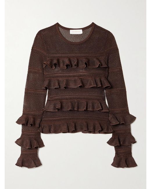 Zimmermann Brown Ruffled Metallic Pointelle-Knit Top