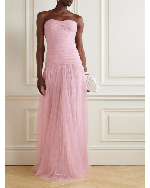 Marmar Halim Pink Strapless Bead-Embellished Plissé-Tulle Gown