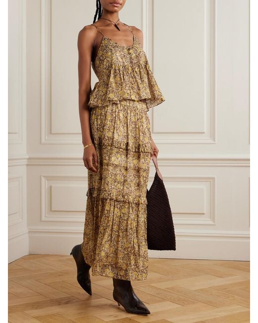 Isabel Marant Natural Volomia Floral-Print Tiered Cotton Midi Skirt