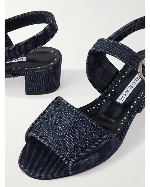 Manolo Blahnik Blue Vibius 30 Sandalen Aus Denim Mit Fischgratmuster
