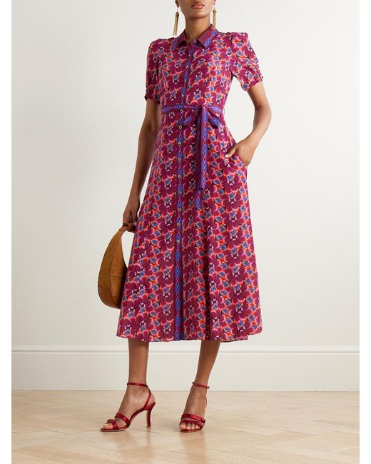Saloni Purple Vanessa-D Belted Printed Silk Midi Shirt Dress