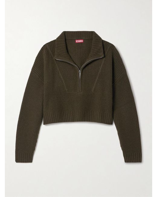 Staud Green Hampton Cropped Ribbed Cashmere Sweater