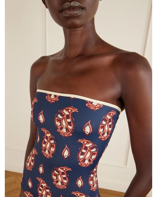 Johanna Ortiz Blue Alta Mar Printed Strapless Swimsuit