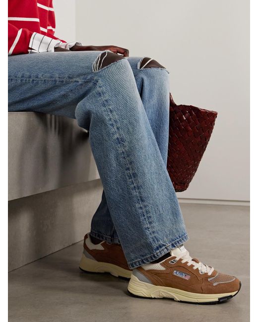 Autry Gray Hyperway Low Mesh And Metallic Leather-Trimmed Suede Sneakers