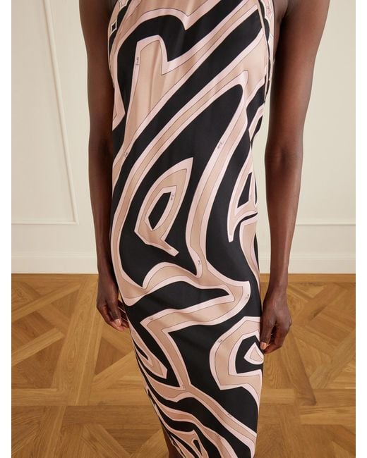 Emilio Pucci White Asymmetric Printed Silk-Twill Halterneck Dress