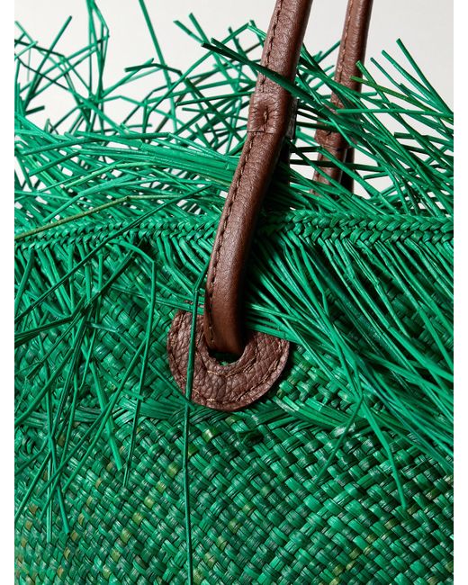 Sensi Studio Green Leather-Trimmed Frayed Ombré Straw Tote