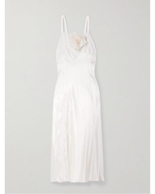 Rodarte White Embellished Lace-Trimmed Silk-Satin Midi Dress