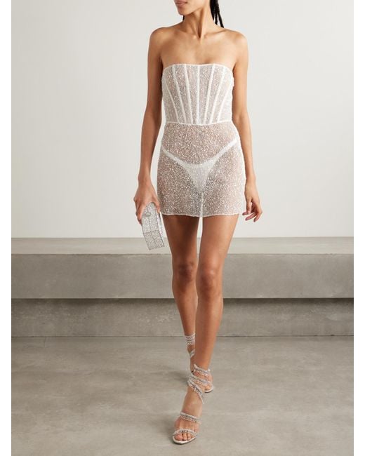 Kiki de Montparnasse Natural Ange Strapless Embellished Lace Mini Dress