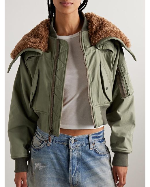 R13 Green Cropped Fleece-Trimmed Padded Cotton-Blend Shell Bomber Jacket