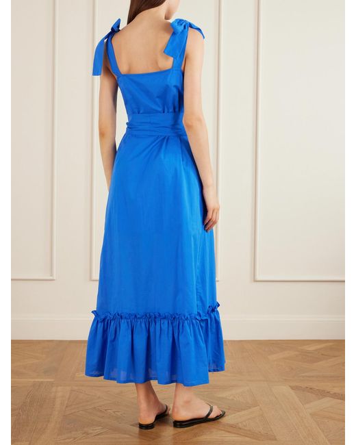 Loretta Caponi Blue Armida Belted Ruffled Smocked Cotton-Poplin Maxi Dress