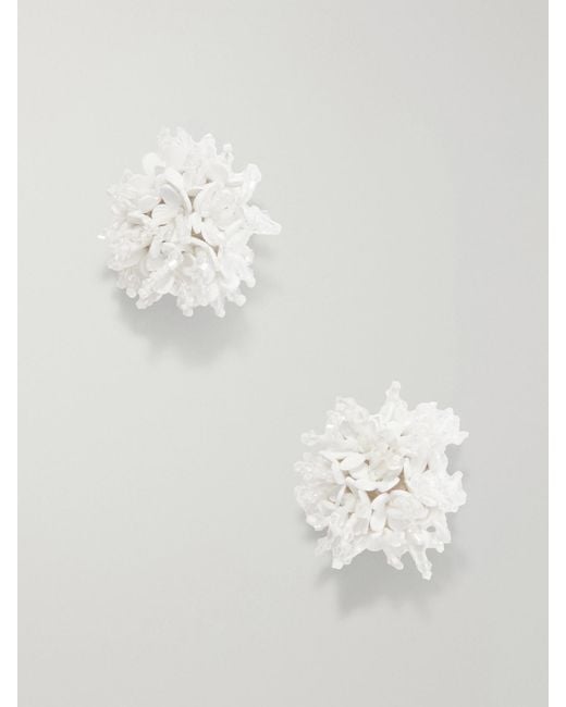 Oscar de la Renta White Bead-Embellished Clip Earrings
